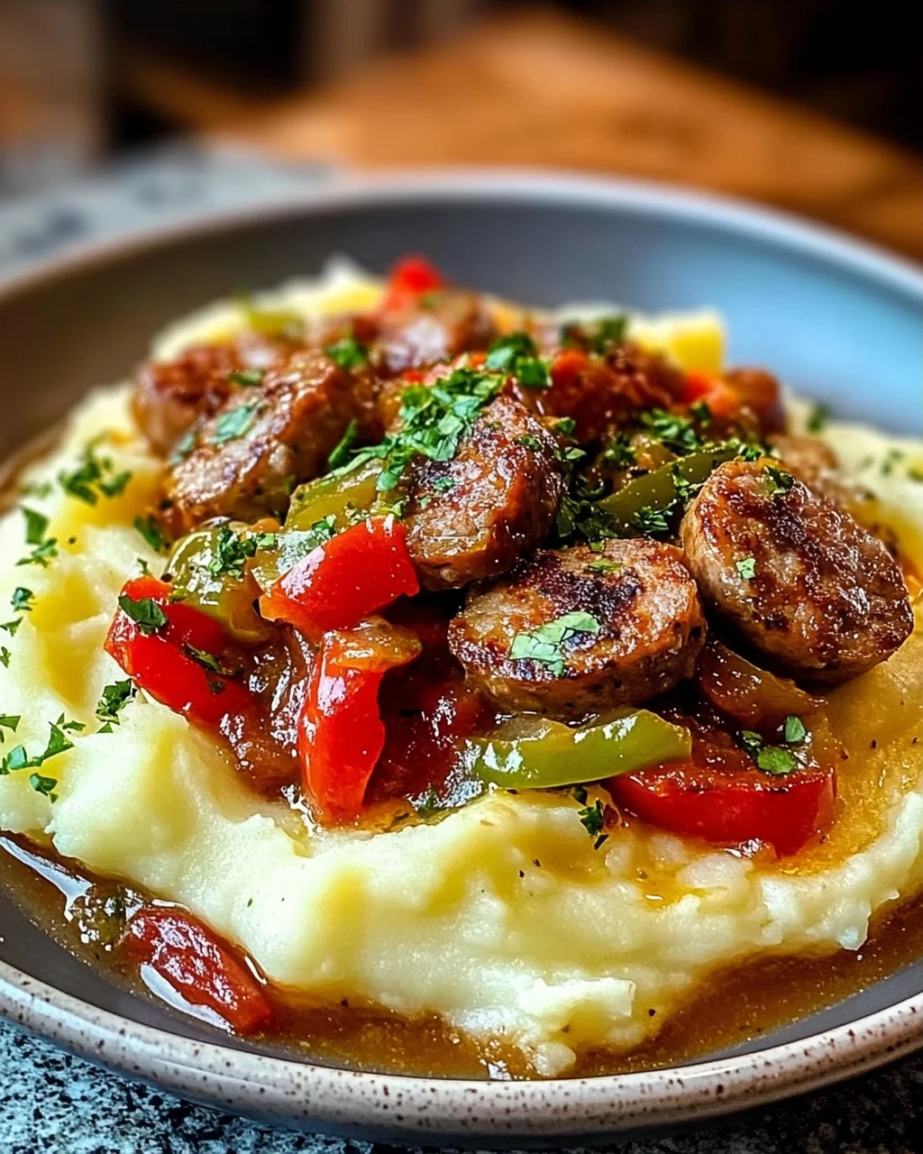 Cremige Wurst und Paprika auf Kartoffelpüree