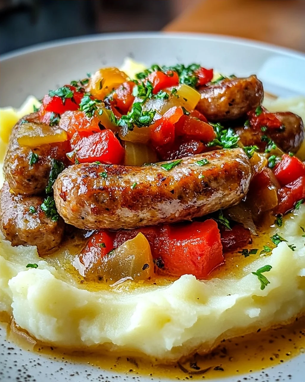 Cremige Wurst und Paprika auf Kartoffelpüree