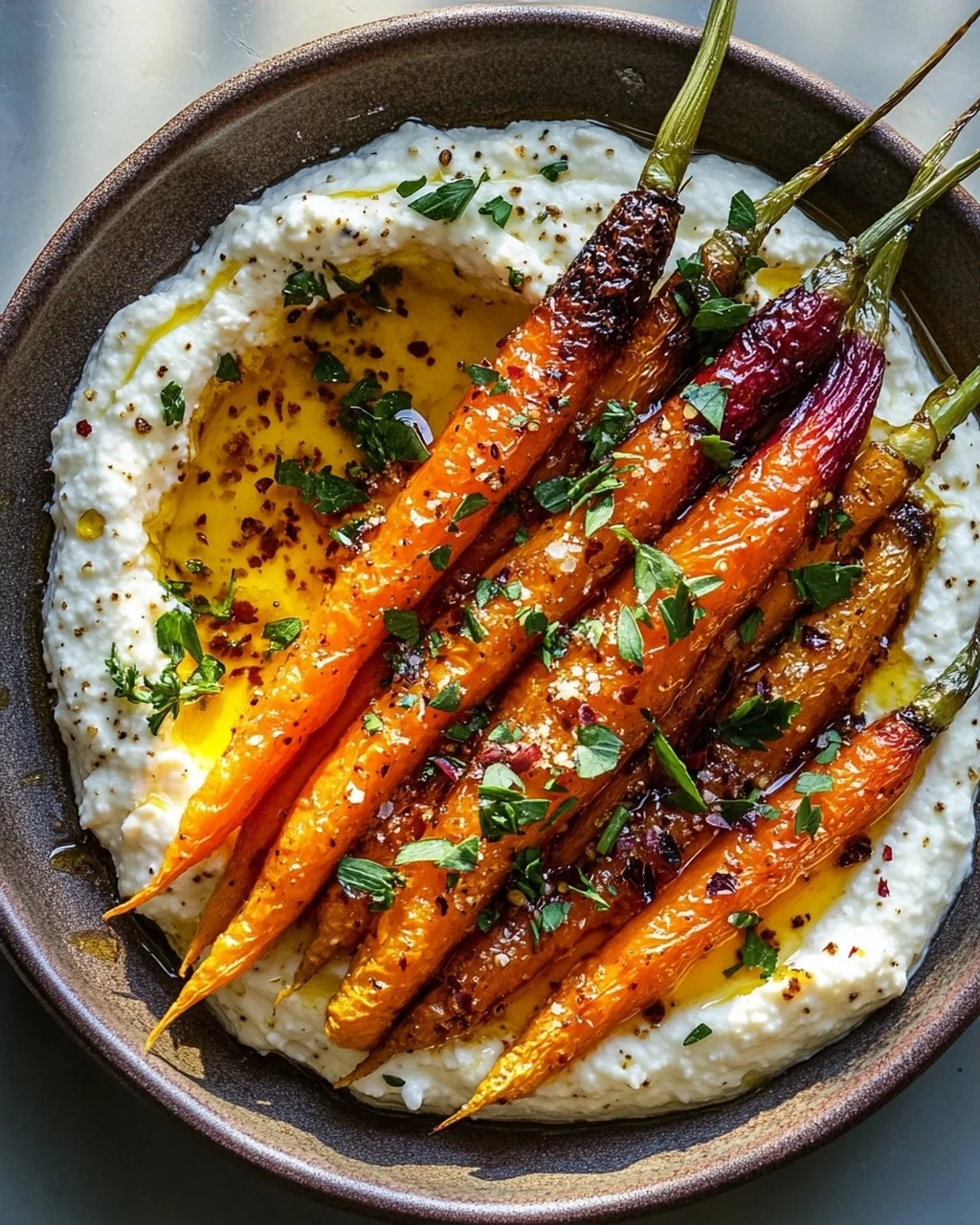 Geröstete Karotten mit geschlagener Ricotta und scharfen Honig