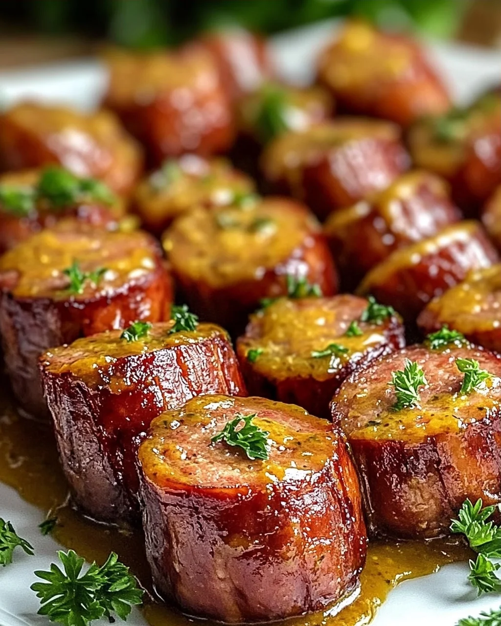 Irresistible Mustard Hasselback Kielbasa Bites