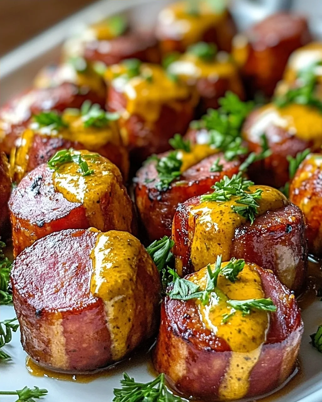 Irresistible Mustard Hasselback Kielbasa Bites