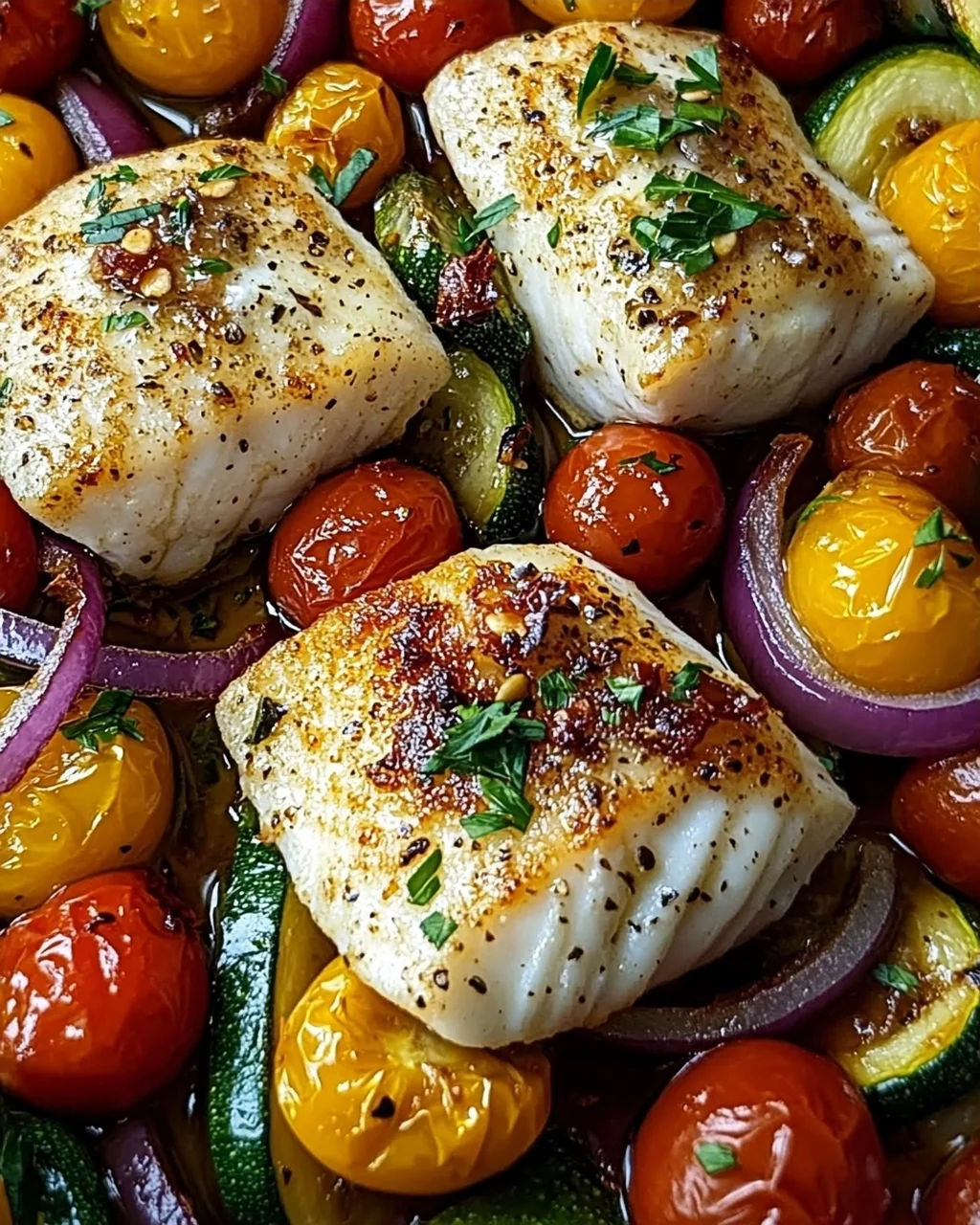 Mediterran gebackene Fischfilets mit Gemüse