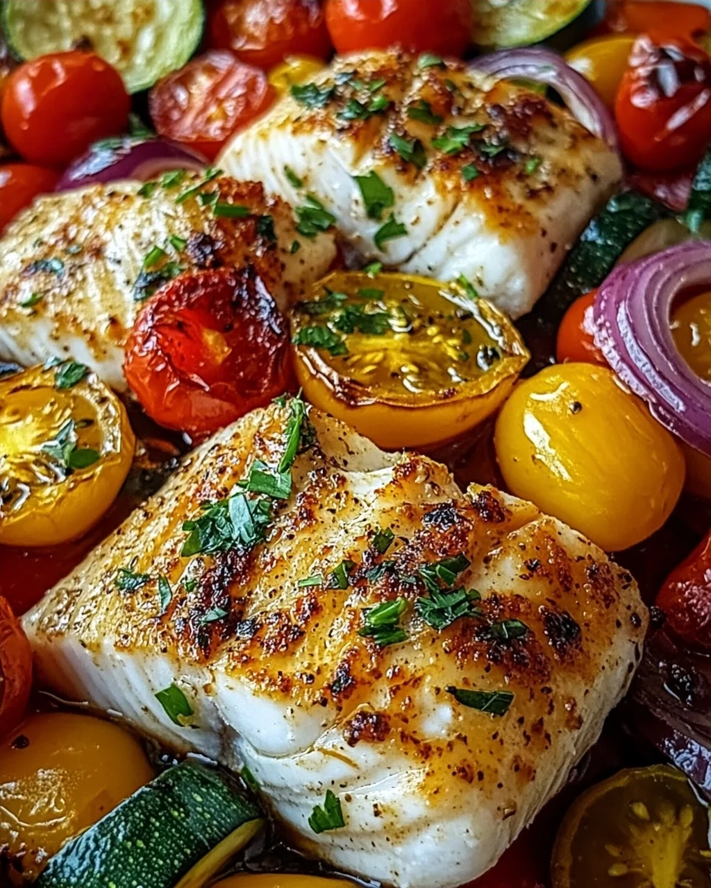 Mediterran gebackene Fischfilets mit Gemüse