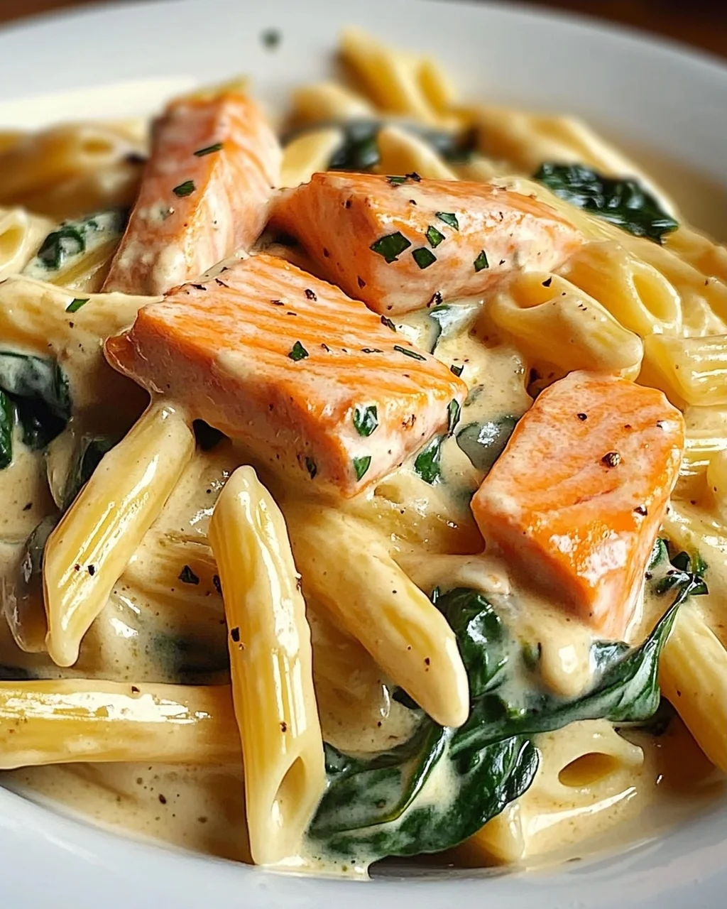 Penne in Lachs-Sahne-Sauce mit Spinat