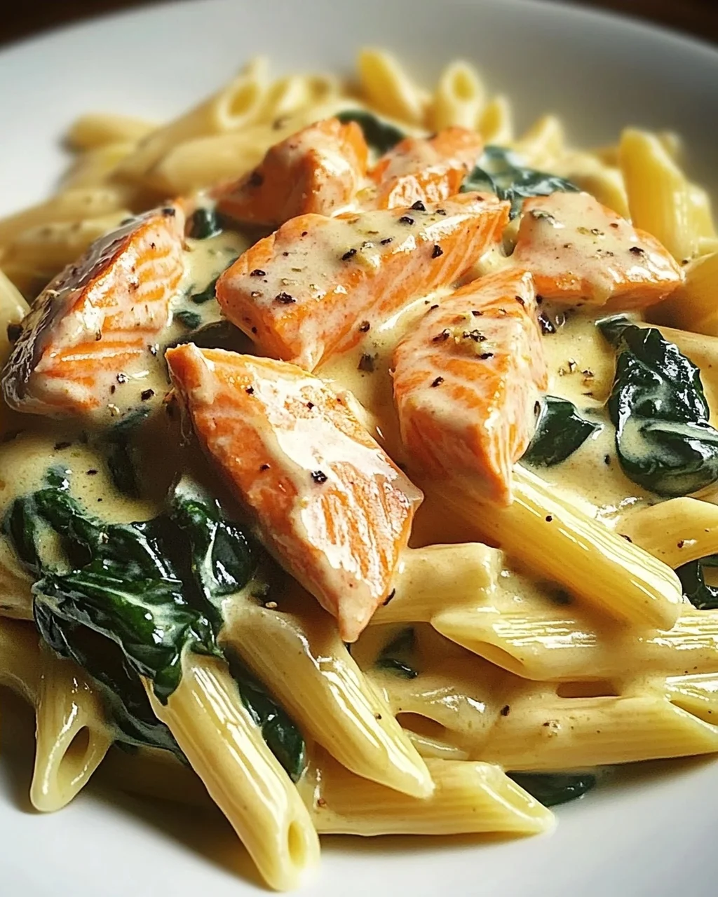 Penne in Lachs-Sahne-Sauce mit Spinat