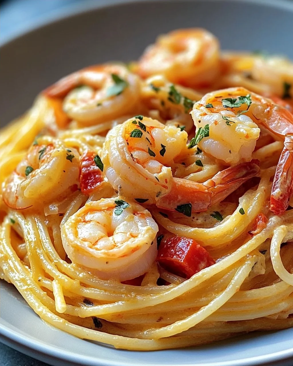 Spaghetti mit Garnelen in cremiger Frischkäsesauce