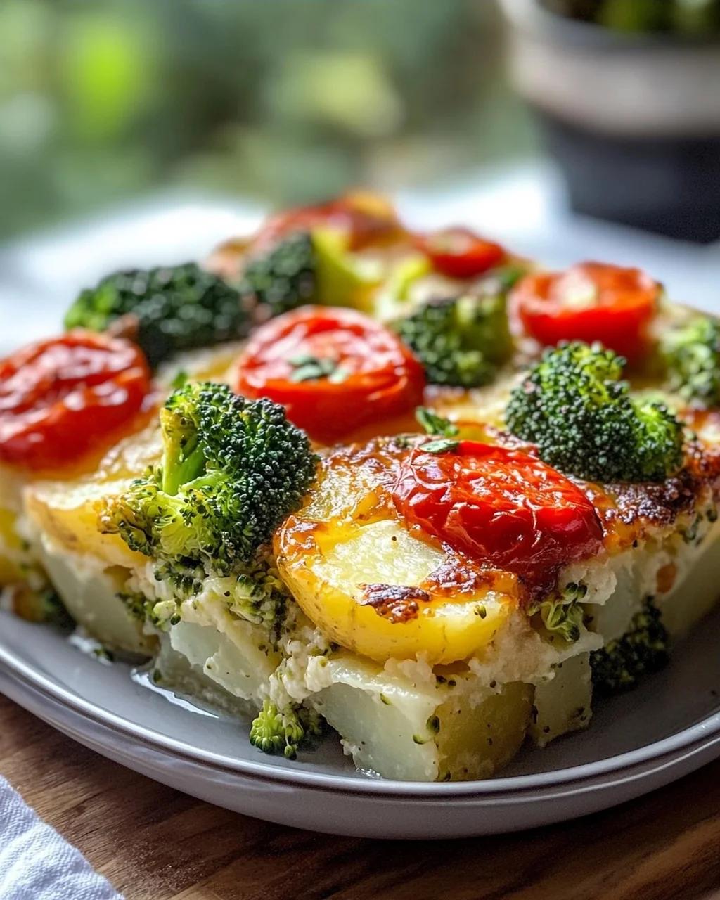 Veganer Kartoffel Auflauf mit Brokkoli und Tomaten genießen!