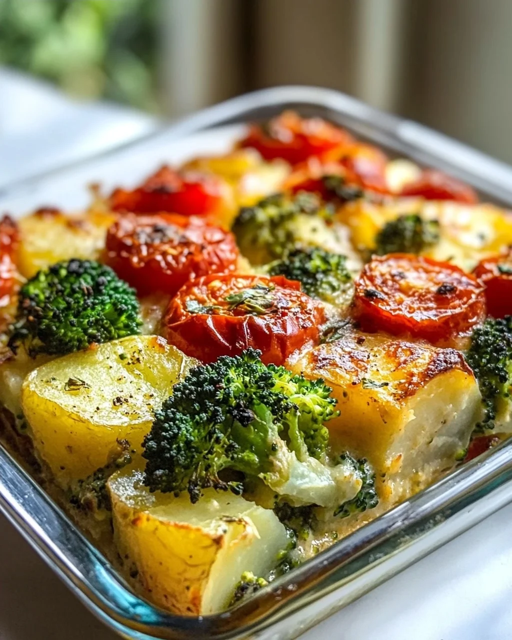 Veganer Kartoffel Auflauf mit Brokkoli und Tomaten genießen!