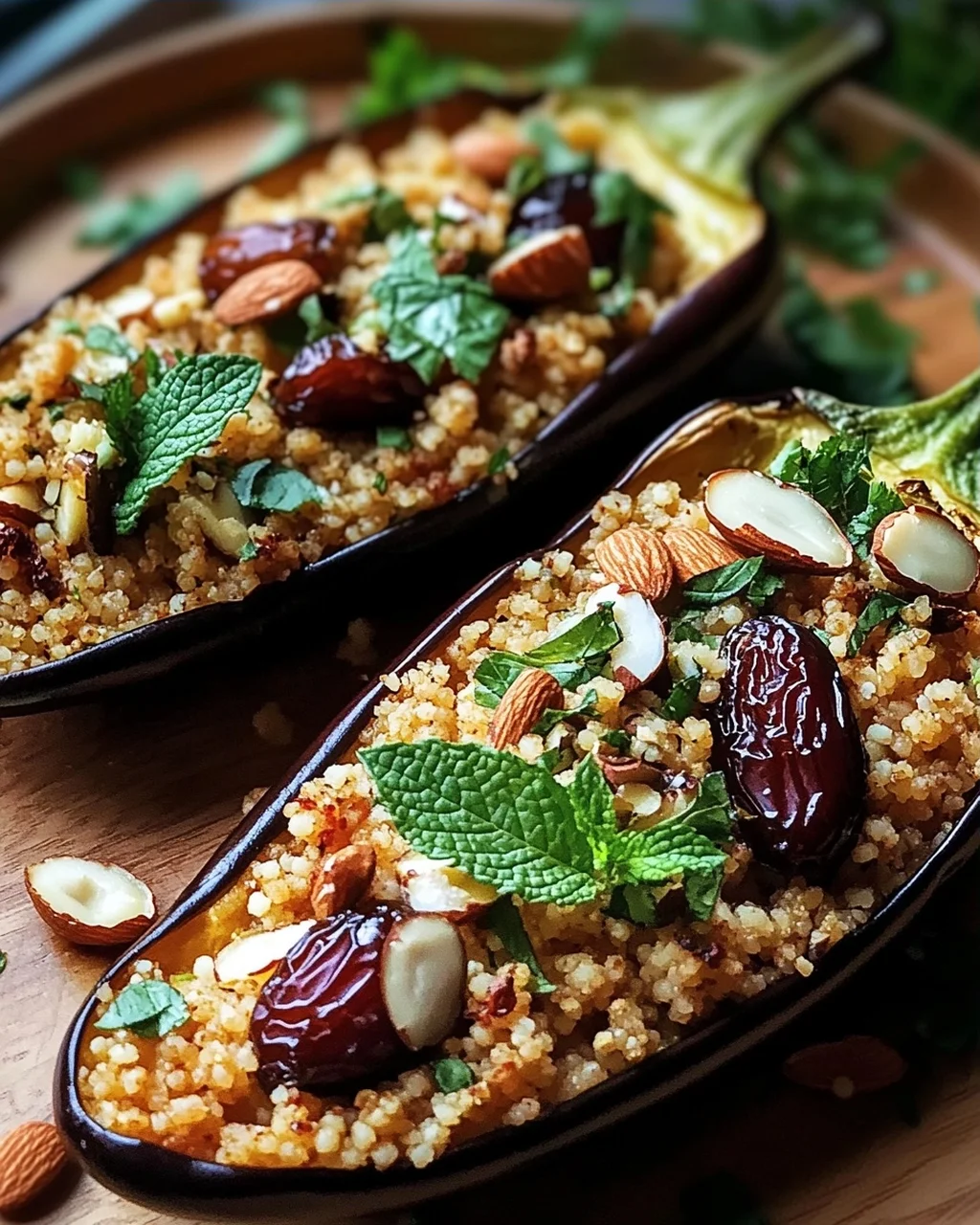 Auberginen mit Dattel-Mandel-Couscous und Minze