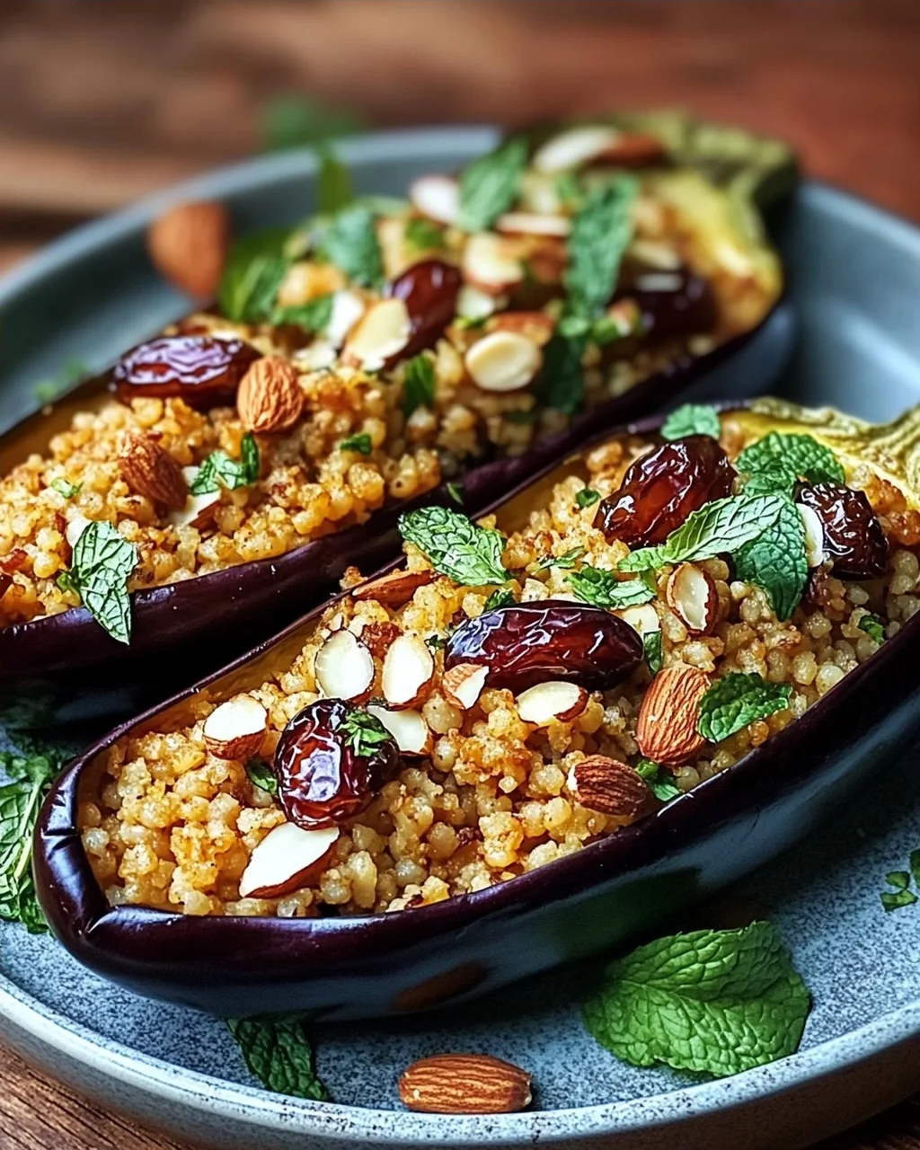 Auberginen mit Dattel-Mandel-Couscous und Minze