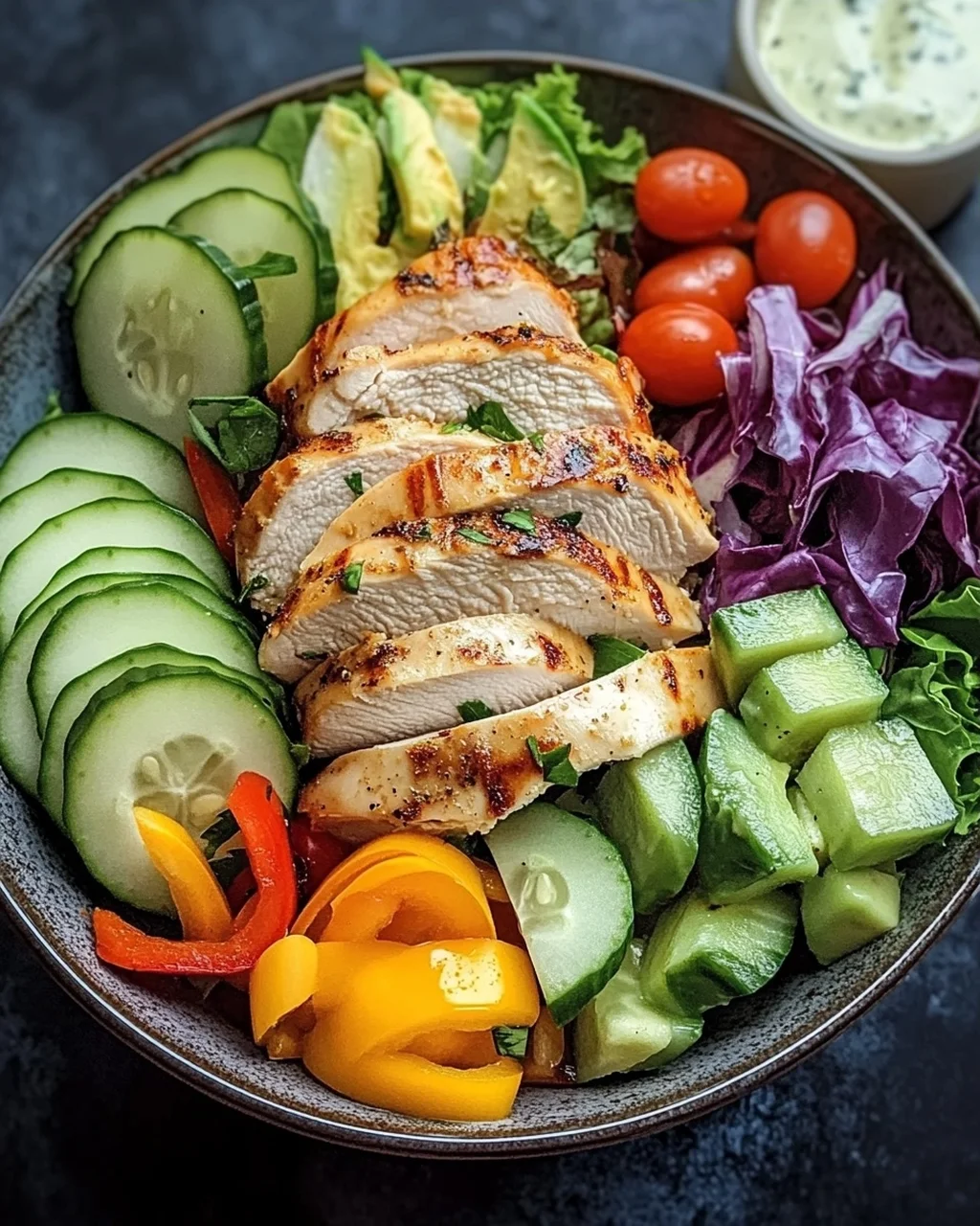 Bunte Salat Bowl mit Avocado, Hähnchen und Knoblauchdressing