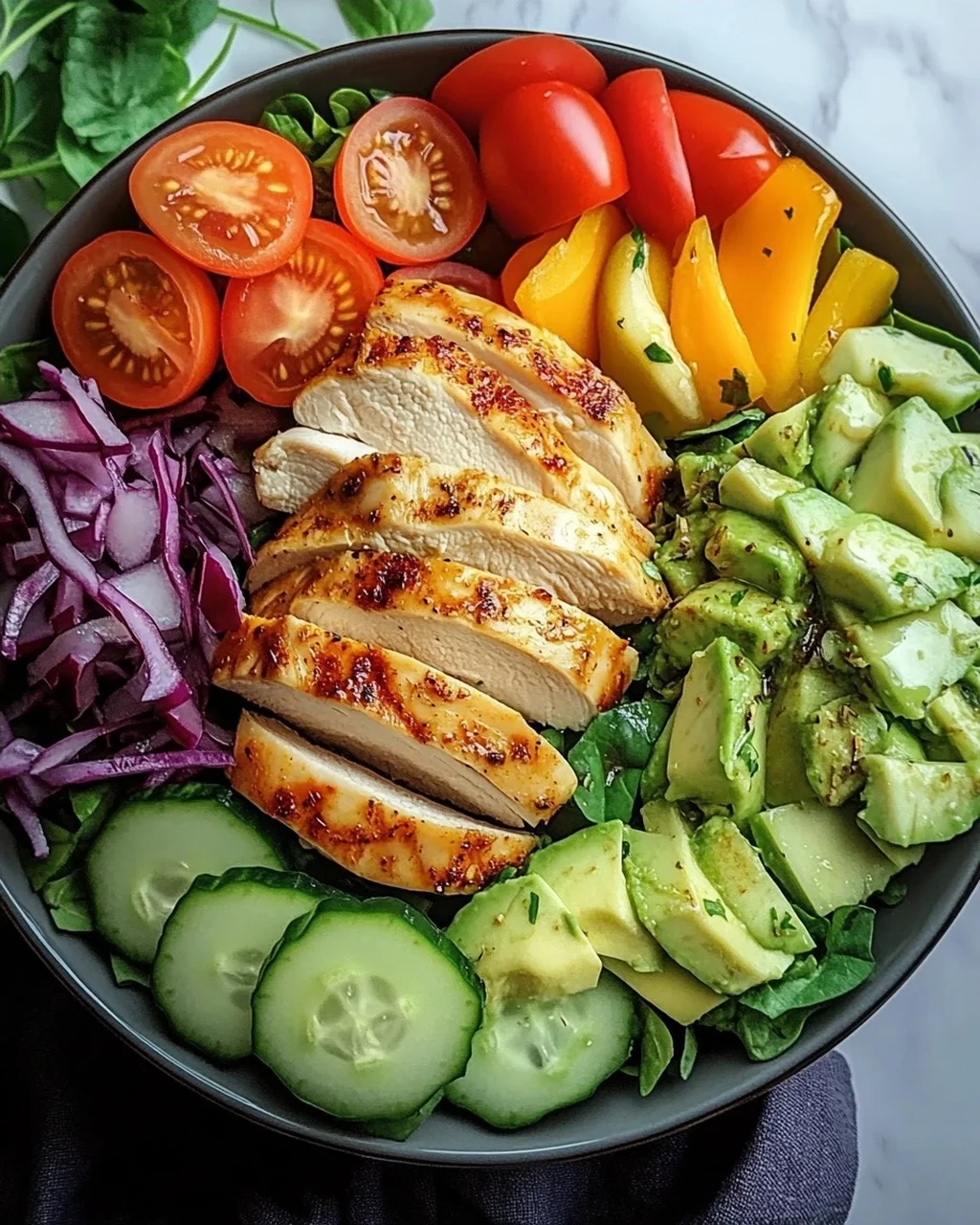 Bunte Salat Bowl mit Avocado, Hähnchen und Knoblauchdressing