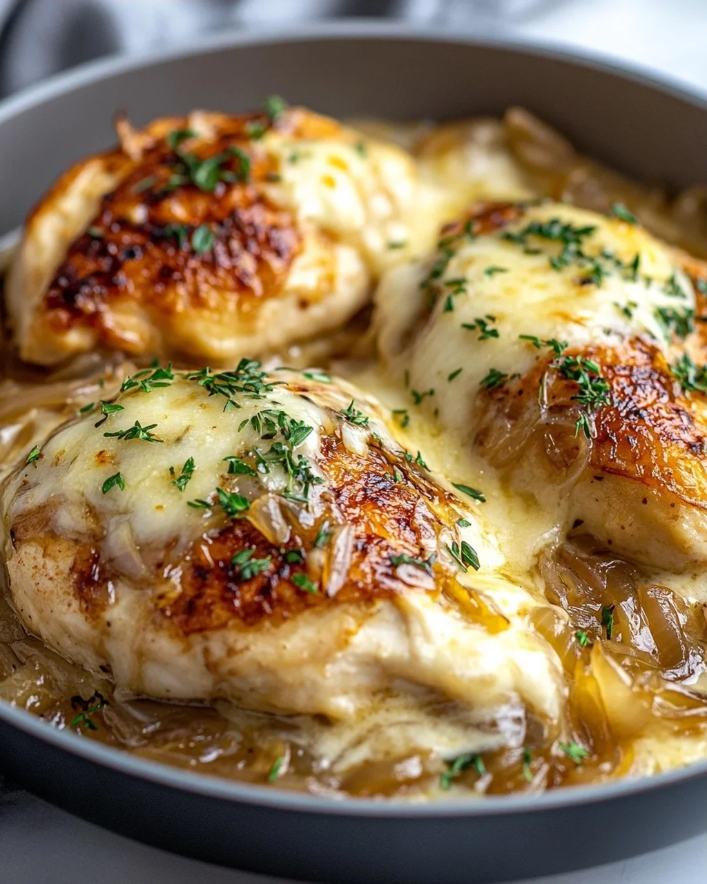Cremige French Onion Hähnchenpfanne mit geschmolzenem Gruyère