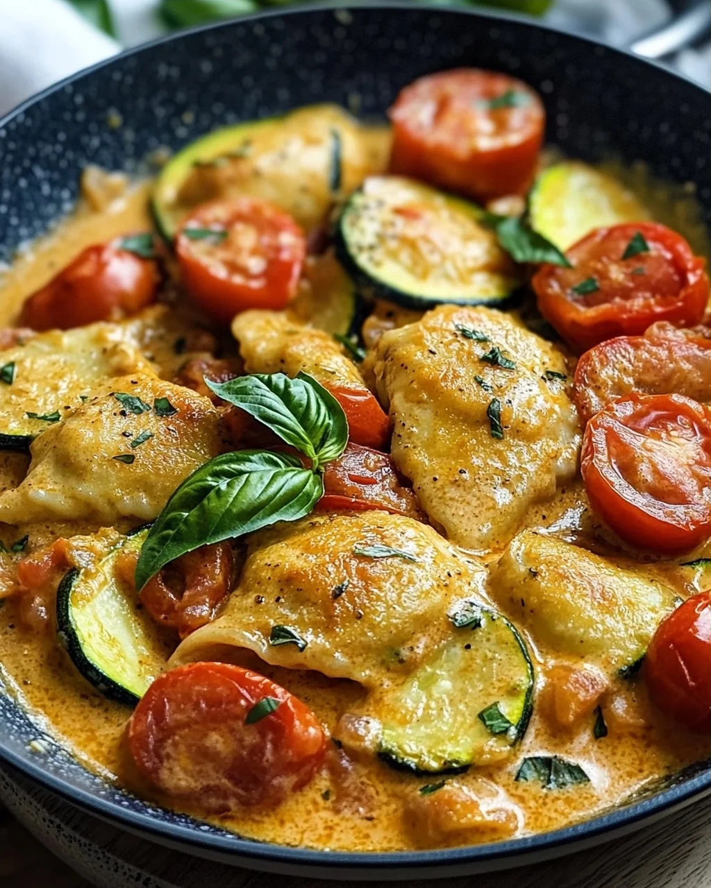Cremige Maultaschenpfanne mit Zucchini und Tomaten genießen!