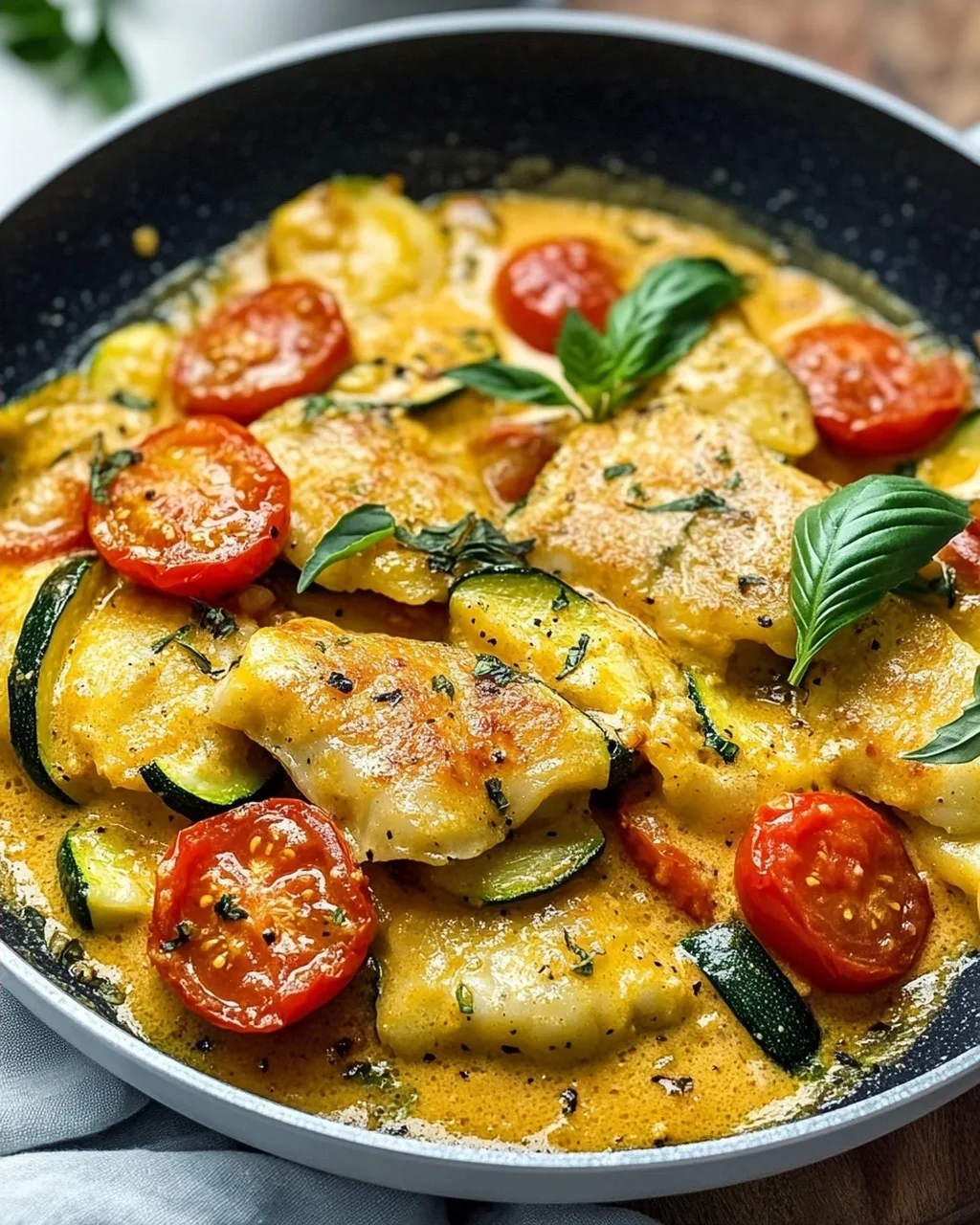 Cremige Maultaschenpfanne mit Zucchini und Tomaten genießen!