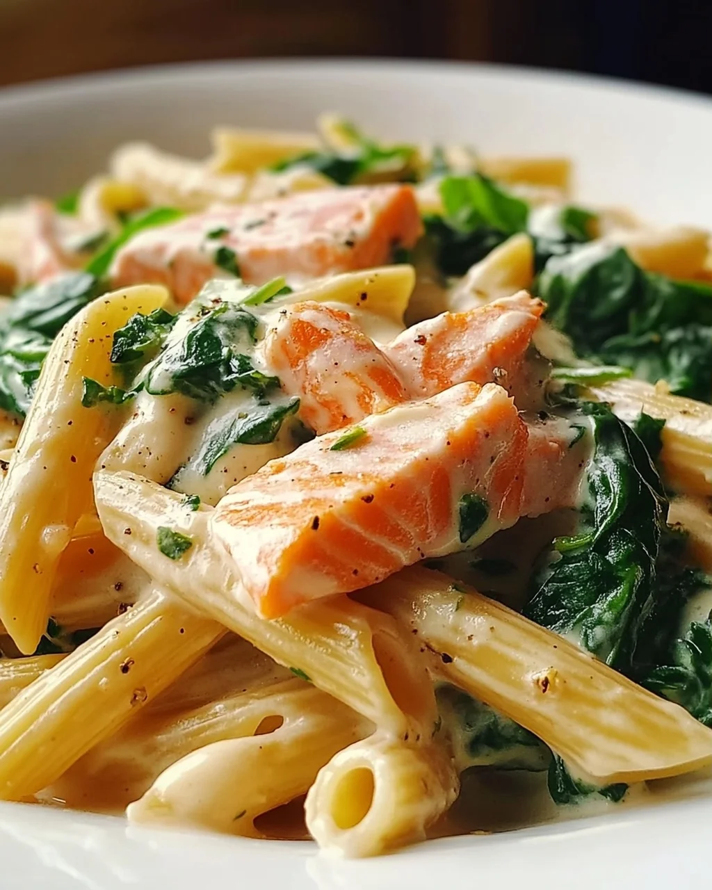 Cremige Penne mit Lachs, Sahnesauce & frischem Spinat