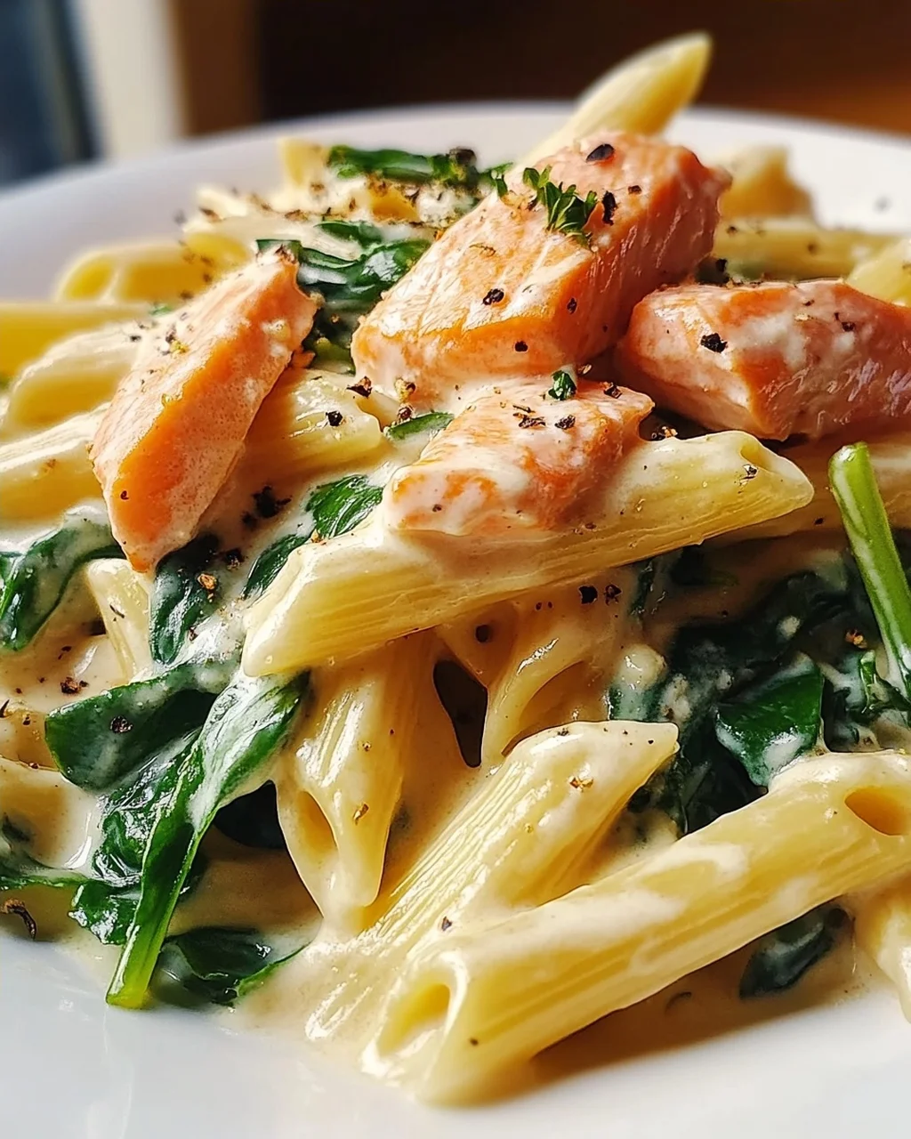 Cremige Penne mit Lachs, Sahnesauce & frischem Spinat