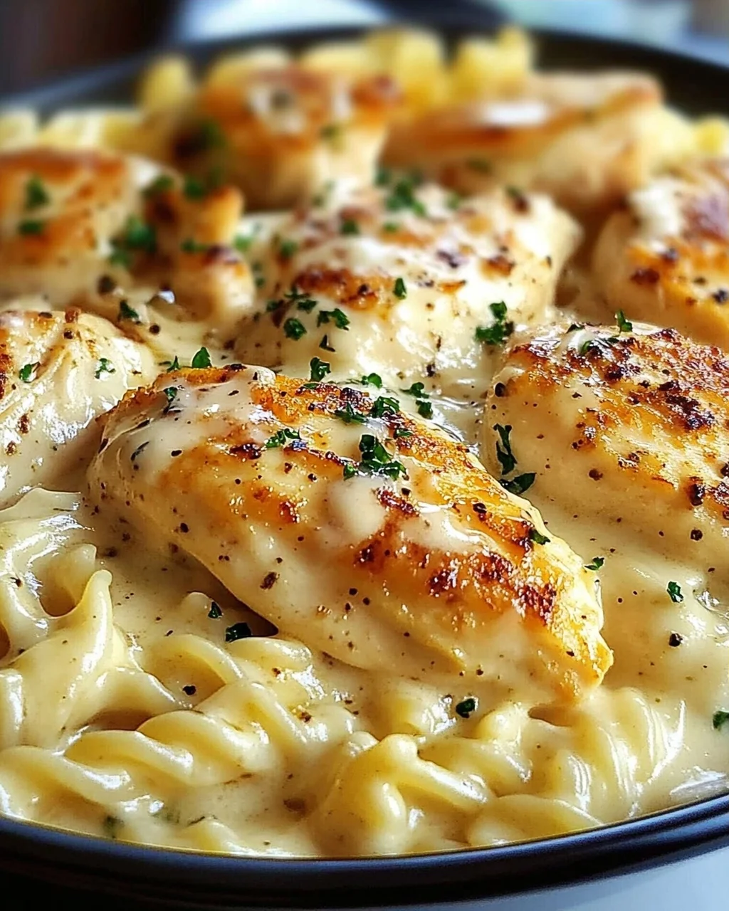 Cremiges Knoblauch-Parmesan Hähnchen & Käse-Twist Pasta