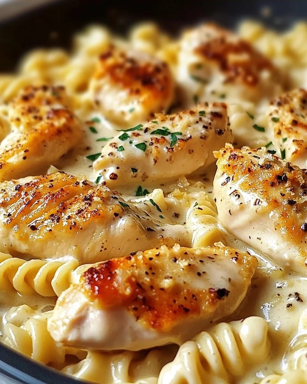 Cremiges Knoblauch-Parmesan Hähnchen & Käse-Twist Pasta