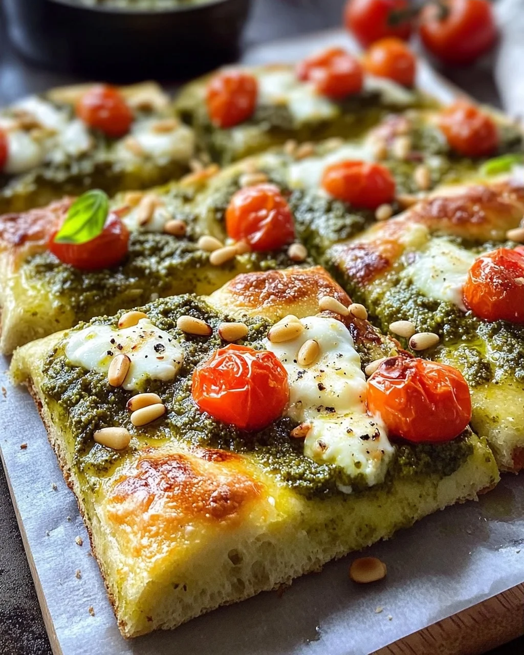 Die beste Focaccia mit Pesto und Tomaten