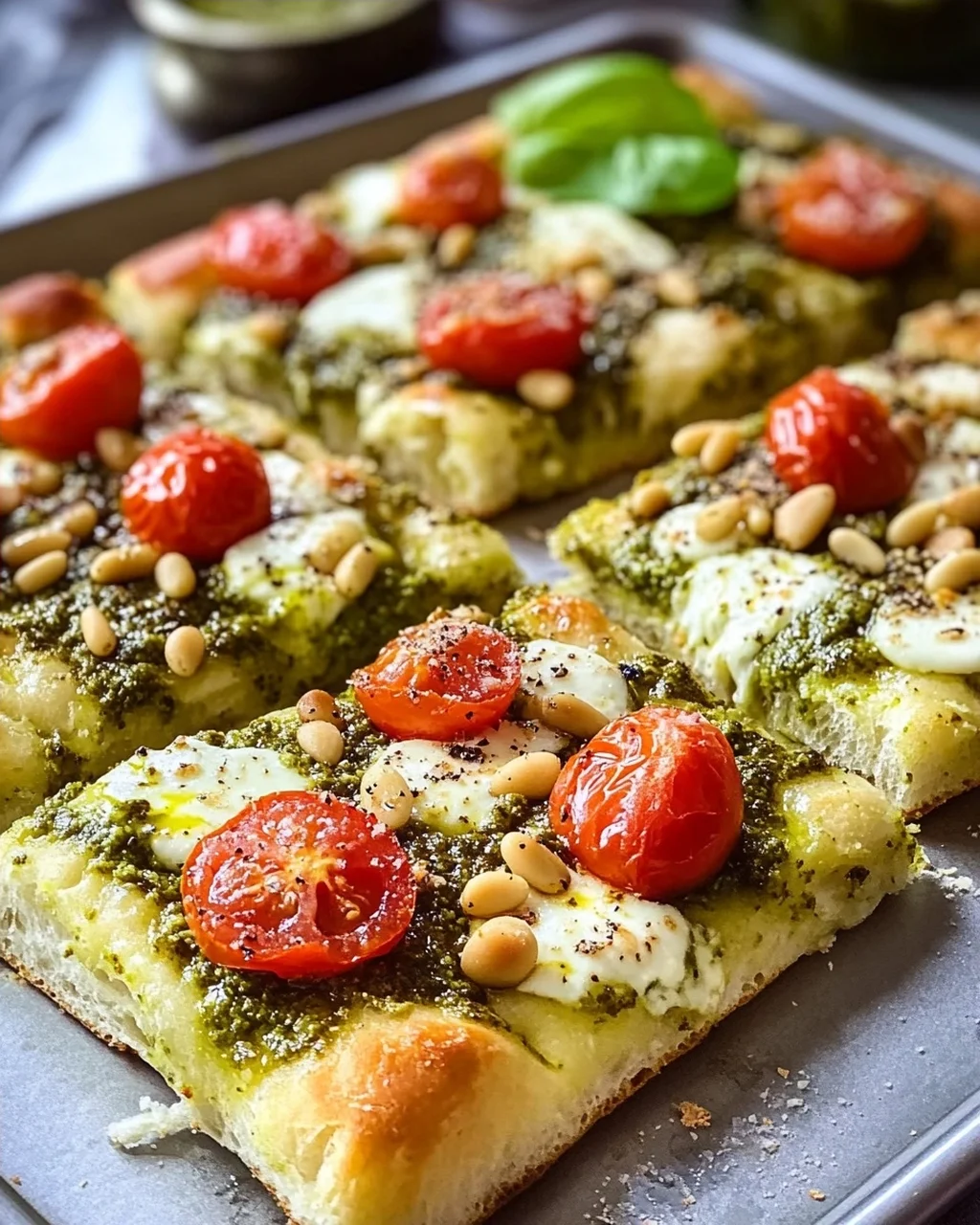 Die beste Focaccia mit Pesto und Tomaten