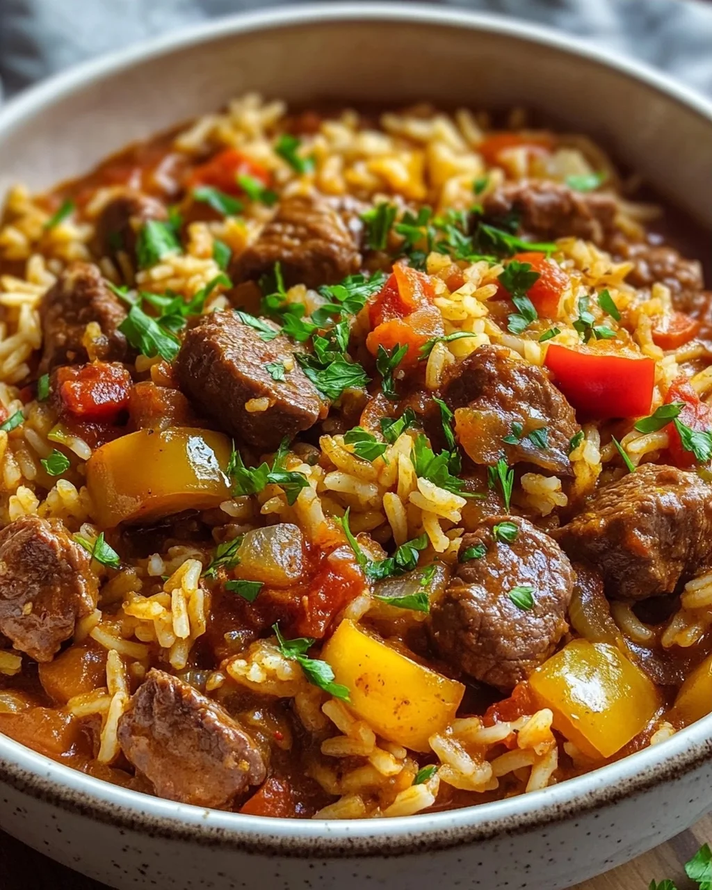 Familienfreundliches Rinder-Gulasch mit Paprika-Reis