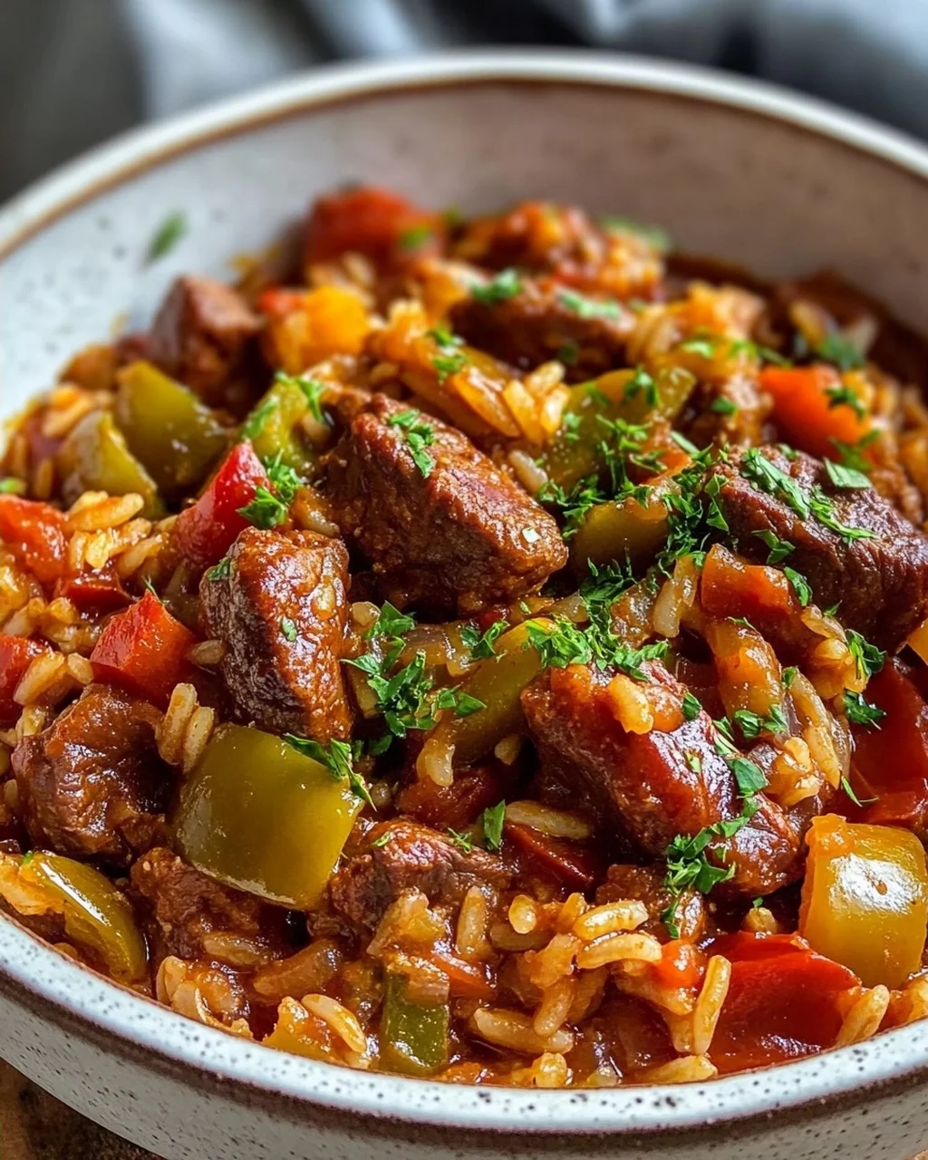 Familienfreundliches Rinder-Gulasch mit Paprika-Reis