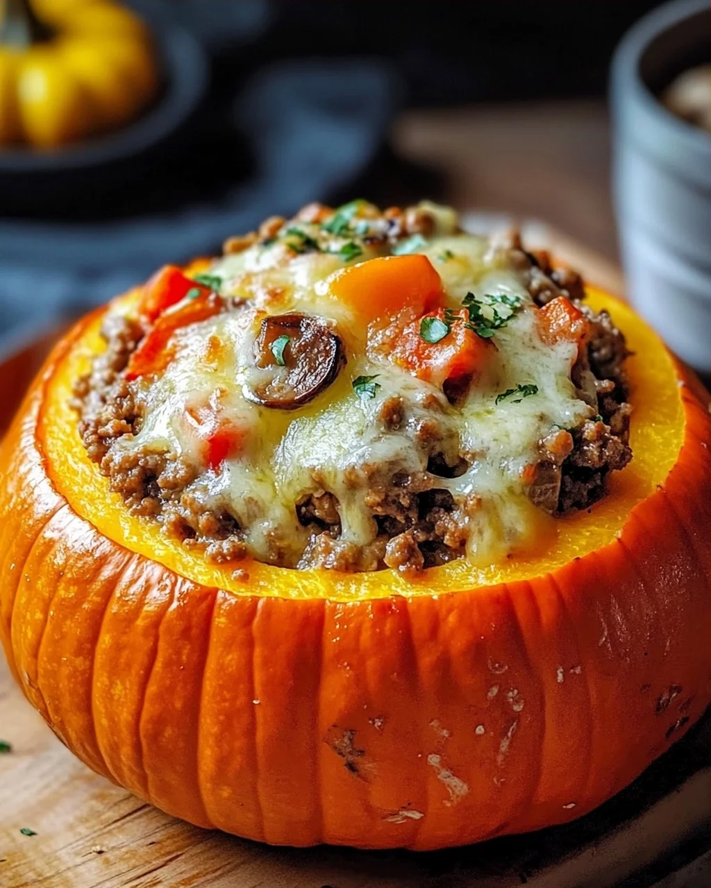 Gefüllter Kürbis mit Fleisch, Champignons, Paprika und Käse aus dem Ofen