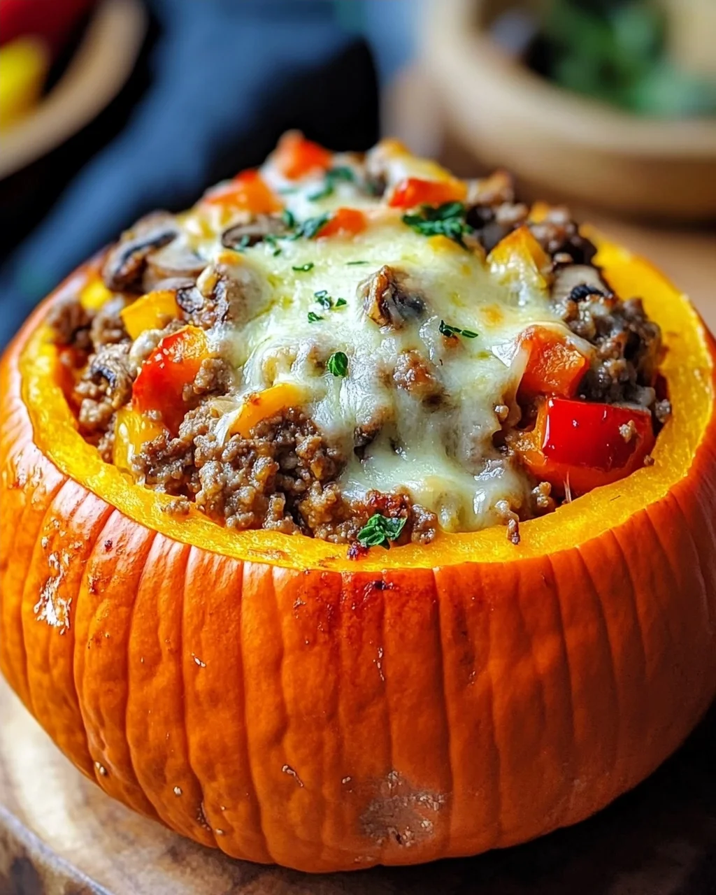 Gefüllter Kürbis mit Fleisch, Champignons, Paprika und Käse aus dem Ofen