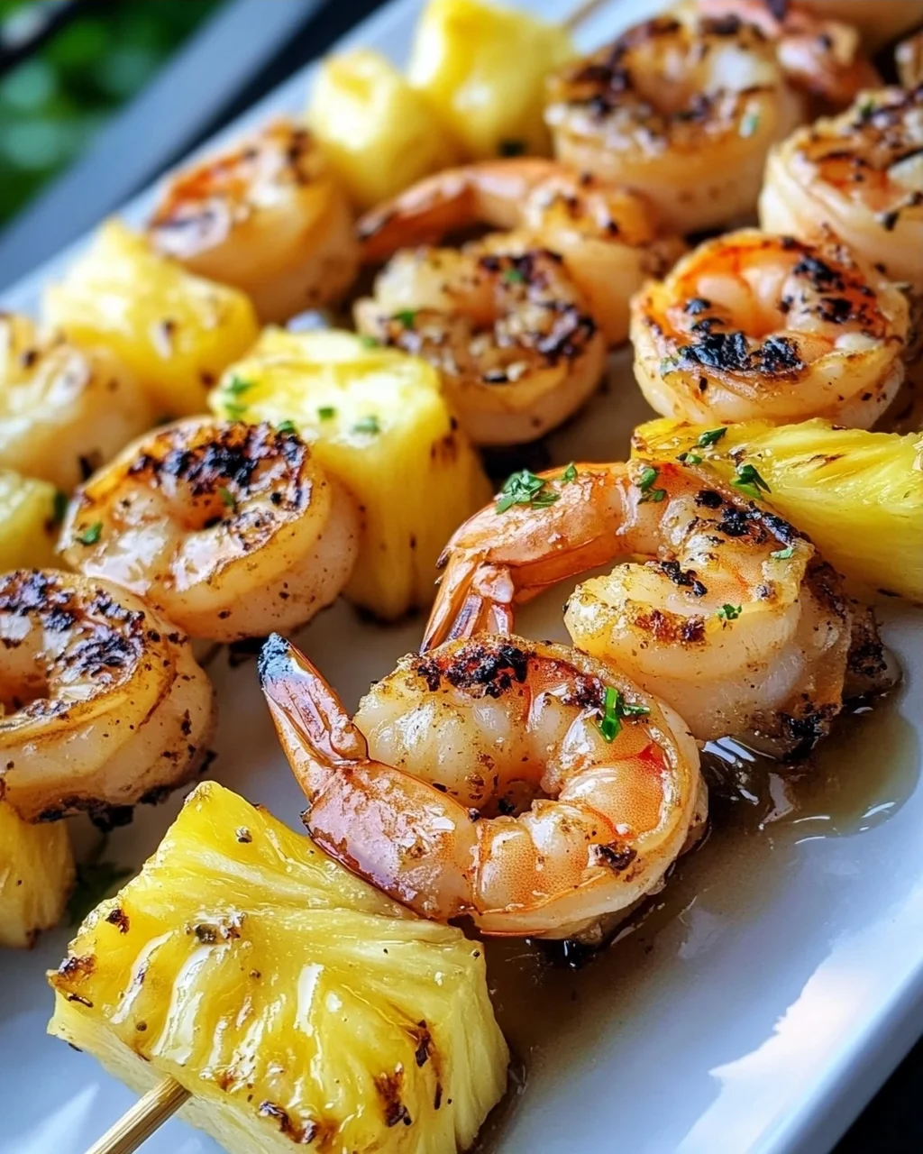 Gegrillte Garnelenspieße mit Ananas in Öl und Knoblauchsoße