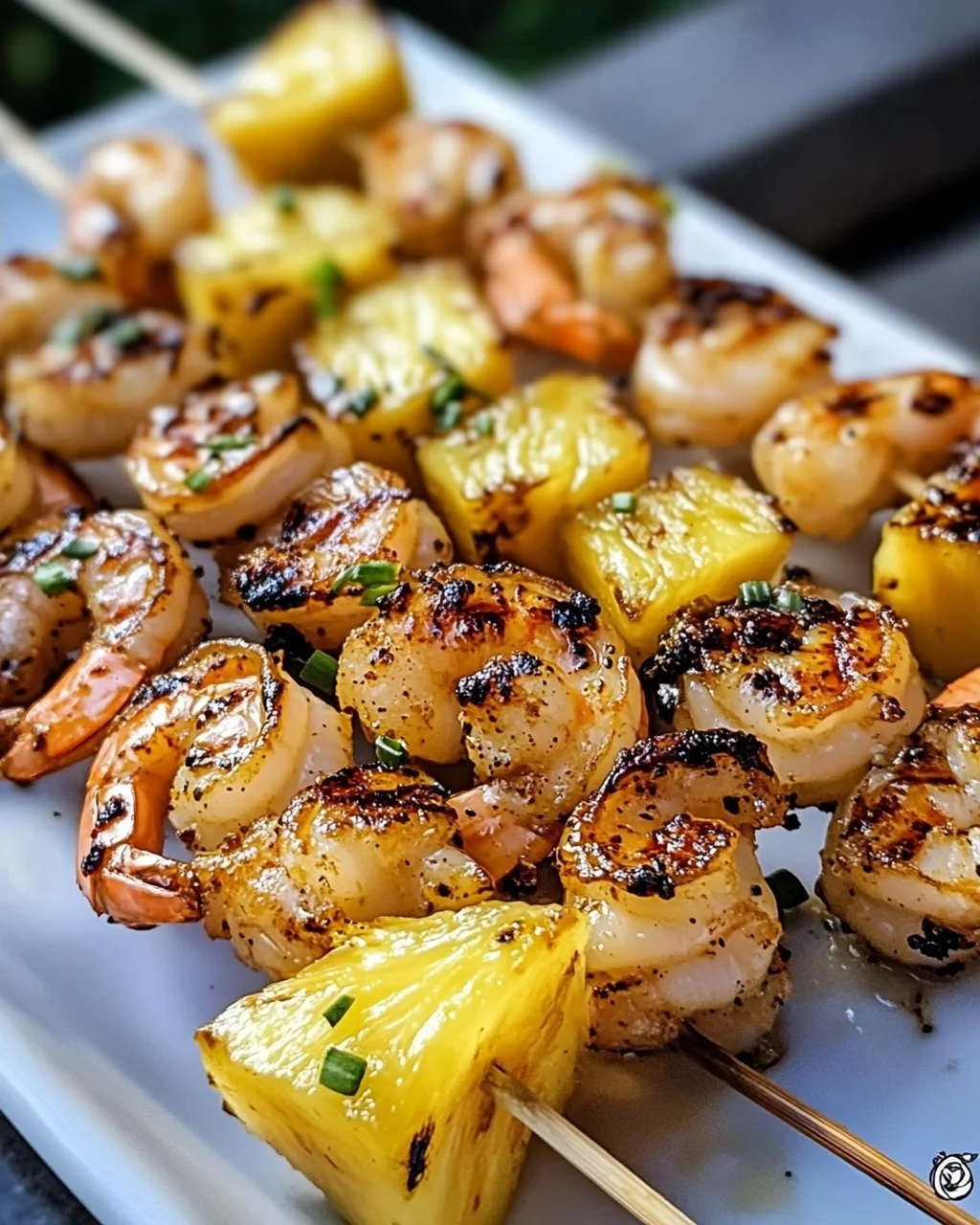 Gegrillte Garnelenspieße mit Ananas in Öl und Knoblauchsoße