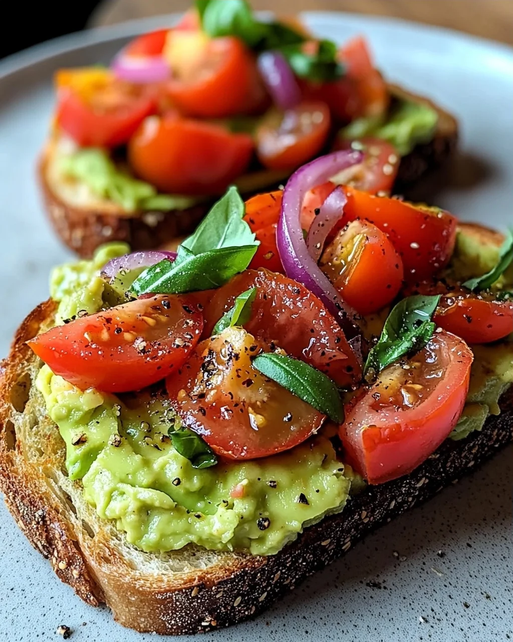 Geröstetes Brot mit Avocadobutter und Tomatensalat