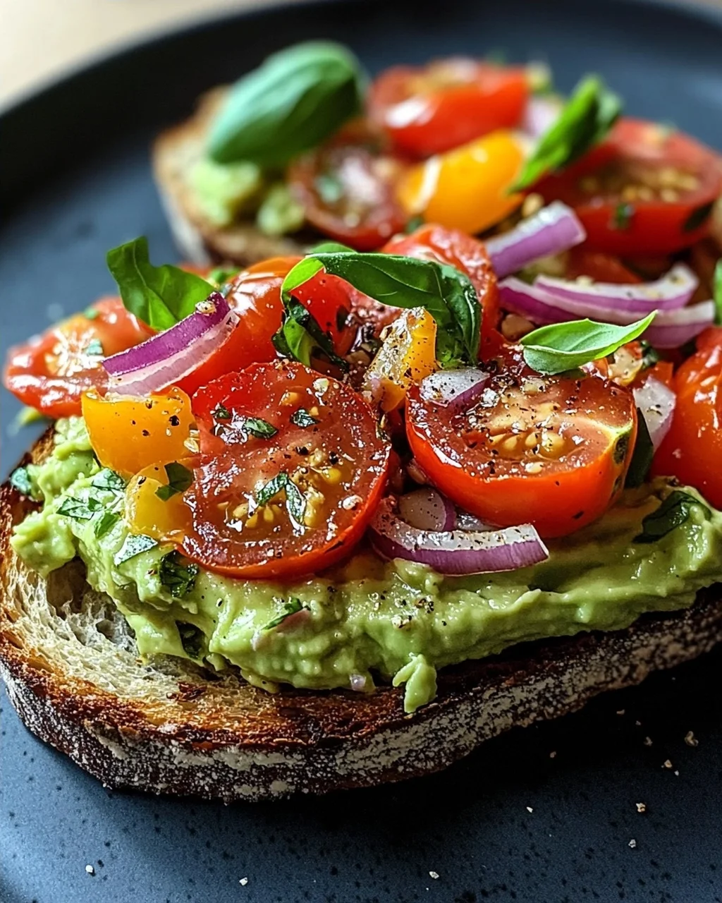 Geröstetes Brot mit Avocadobutter und Tomatensalat