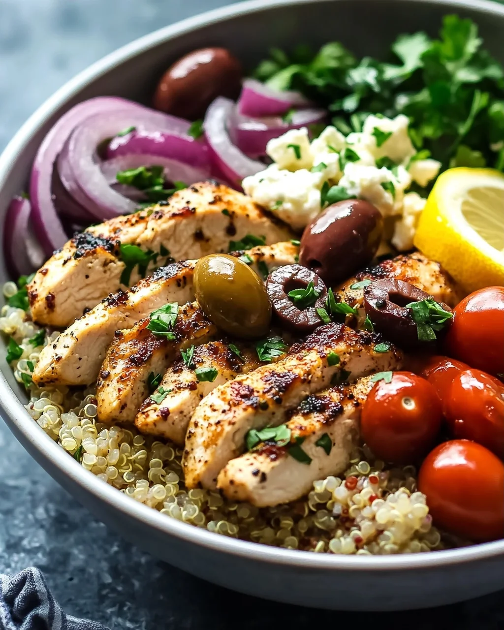 Griechische Hähnchen-Bowls mit Quinoa und Oliven - Einfach lecker!
