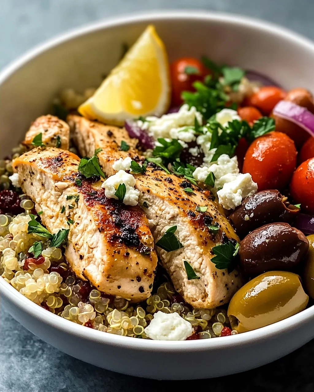 Griechische Hähnchen-Bowls mit Quinoa und Oliven - Einfach lecker!