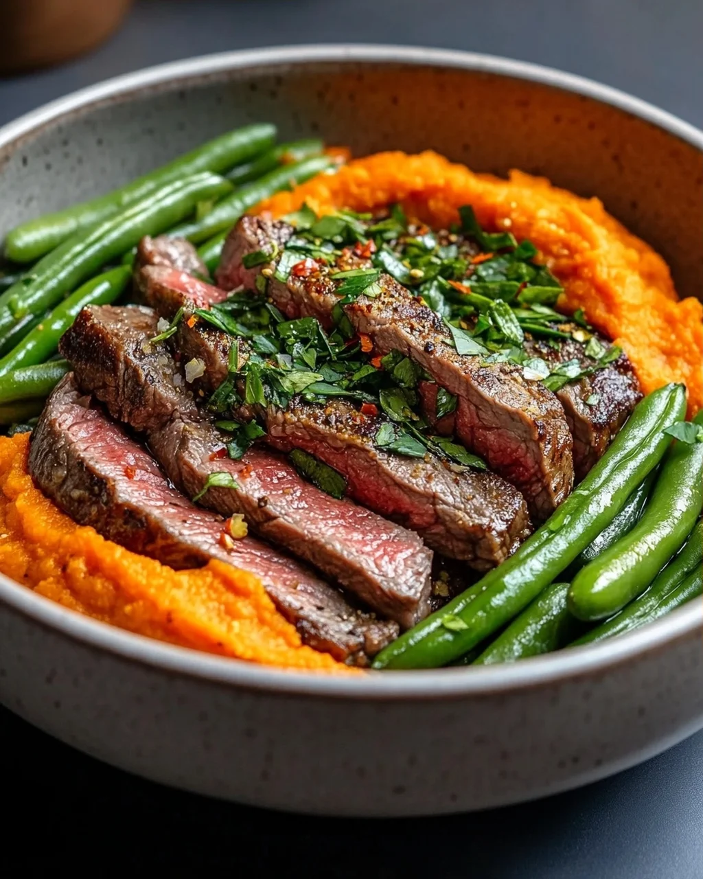 Leckere Steak Bowl mit Süßkartoffelpüree und grünen Bohnen