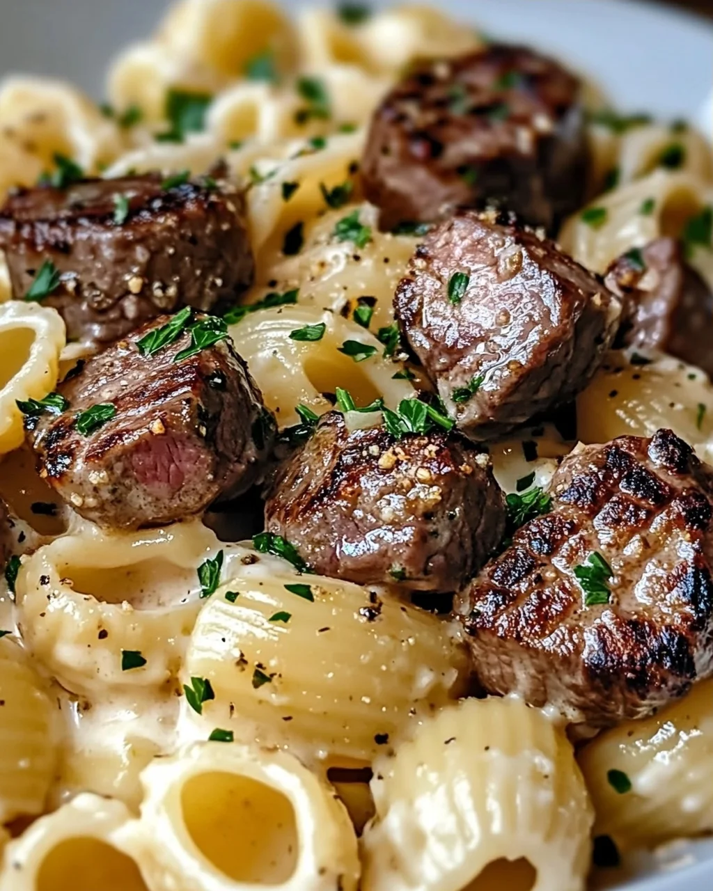 Steak Bites und Muschelnudeln in Knoblauchbutter-Alfredo-Sauce