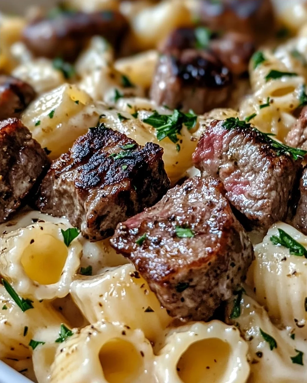 Steak Bites und Muschelnudeln in Knoblauchbutter-Alfredo-Sauce