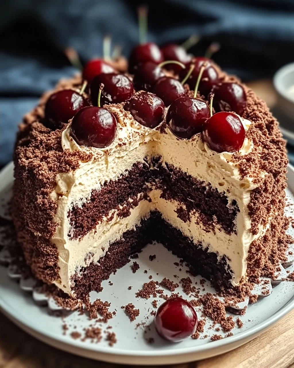 Winterlicher Maulwurfkuchen mit Zimtsahne und Punschkirschen